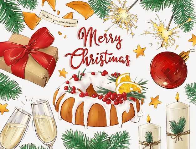 Christmas background with cake champagne sparkles and gift box