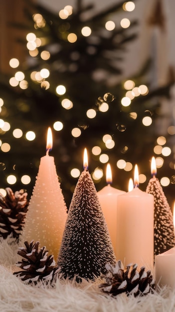 Photo christmas background with candles in the form of cones on a blurred background