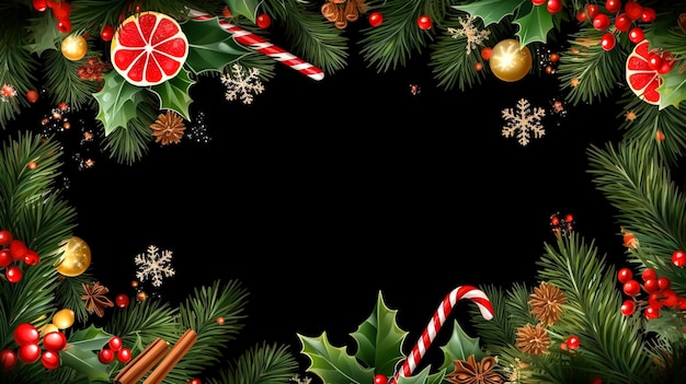 Christmas background with christmas tree decor and candies generative ai