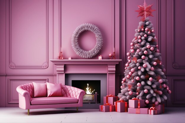 Christmas background with christmas tree gifts and fireplace in pink colors