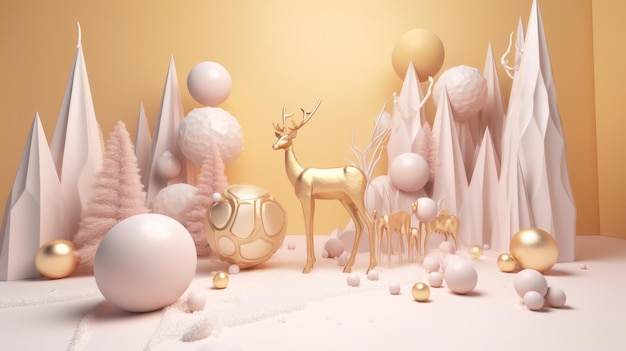 Christmas background with deers and balls Illustration AI Generative