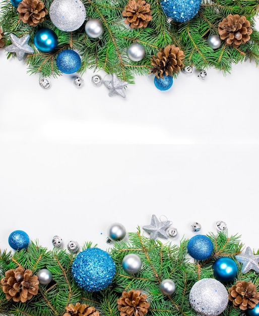 Christmas background with fir blue and silver balls