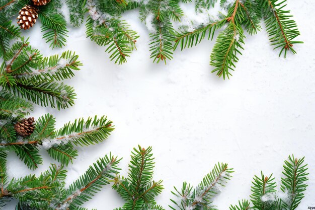 Christmas background with fir branches covered with snow Top view with copy space