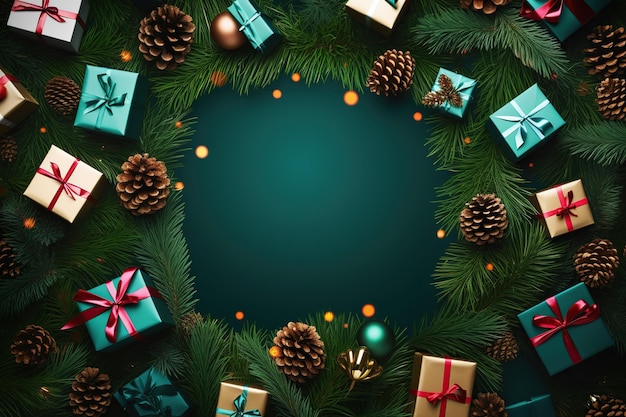 Christmas background with fir branches gift boxes and decorations with copy space Generative AI