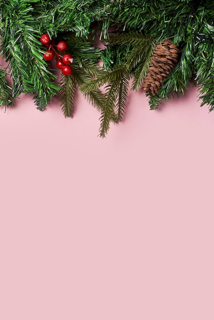 Christmas background with fir tree and decor top view with copy space