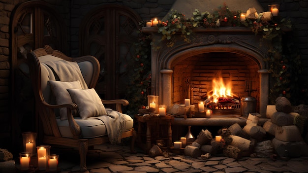 Christmas background with fireplace and armchair Cozy warm atmosphere for the New Year