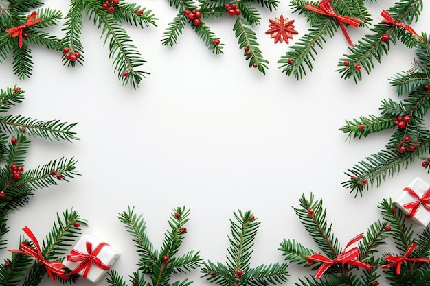 Christmas background with a frame decorated with festive gifts and fir branches