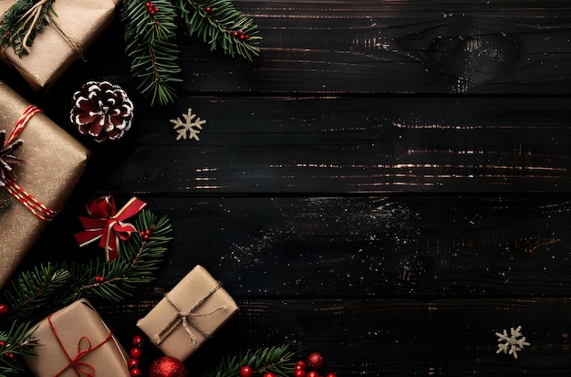 Christmas background with gifts and decorations on dark wood