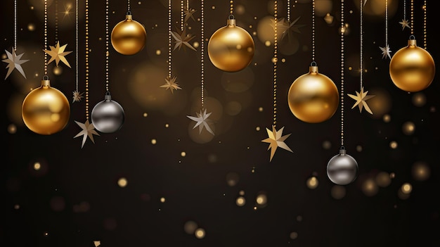 Christmas background with golden and black balls ribbons and snowflakes