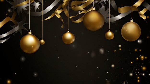 Christmas background with golden and black balls ribbons and snowflakes