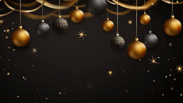 Christmas background with golden and black balls ribbons and snowflakes