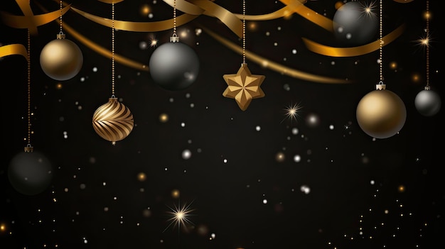 Christmas background with golden and black balls ribbons and snowflakes