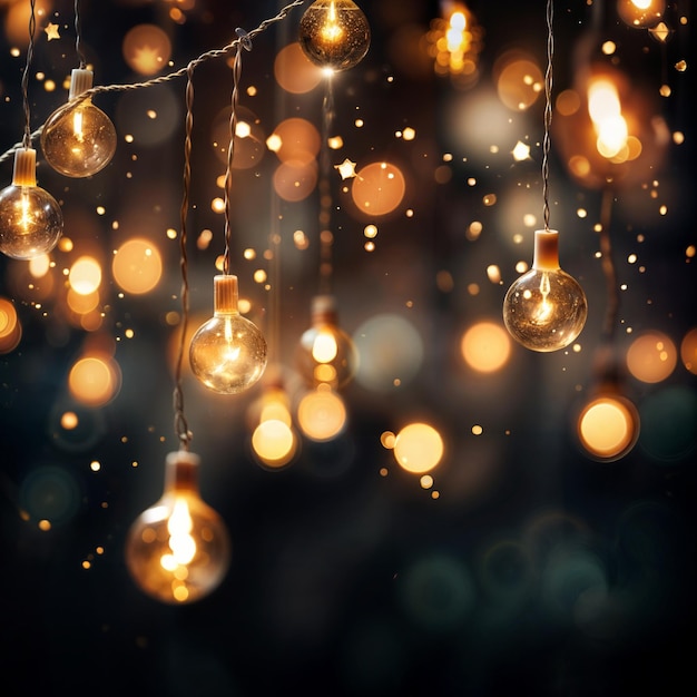 Christmas background with golden light bulbs and bokeh lights Vintage style