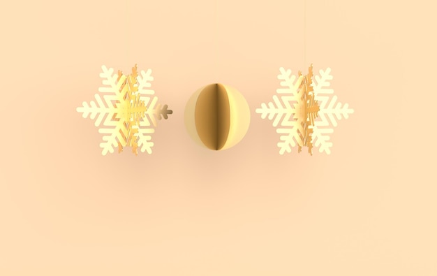 Christmas background with golden paper snowflakes and ball Winter decoration Xmas and new year