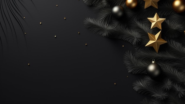 Christmas background with golden stars and fir branches on black background generative ai