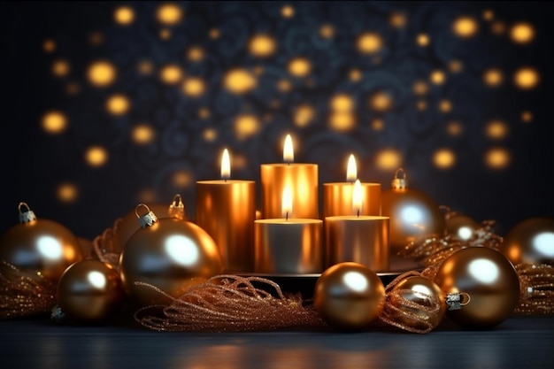 christmas background with golden toys and candle garland