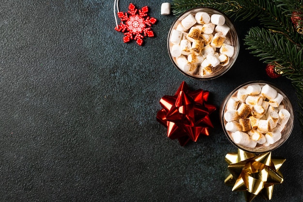 Christmas background with homemade hot chocolate top view Winter cocoa New year drink Flatlay with cocoa Christmas composition with cocoa Cosy drink