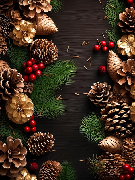 Christmas background with pine cones and fir branches