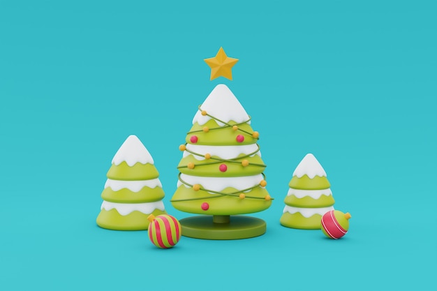 Christmas background with pine trre and Christmas ornaments Merry Christmas and Happy New Year 3d rendering