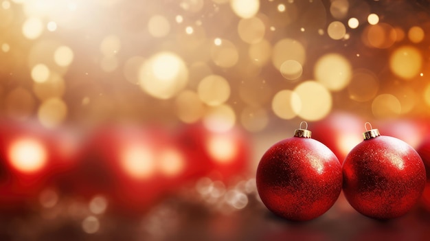 Christmas background with red baubles and bokeh lights