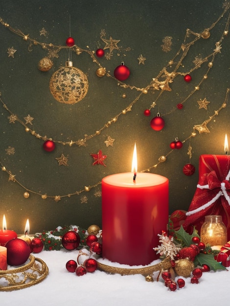 Christmas background with red candles and decorations