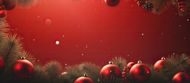 Christmas background with red color fir branches and ornaments