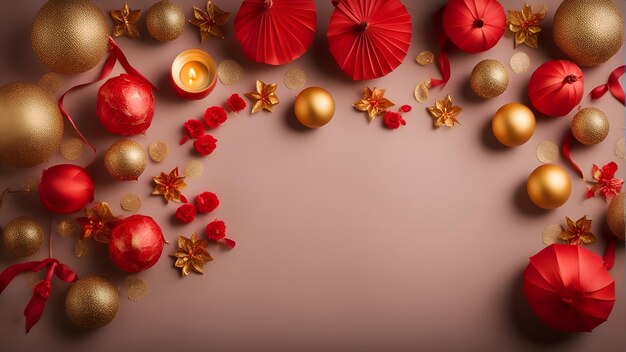 Christmas background with red and gold decorations Top view with copy space