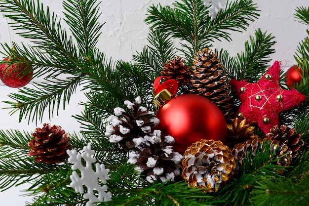 Christmas background with red ornament and handmade decorations 