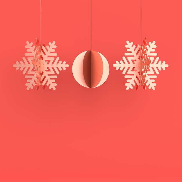 Christmas background with rose gold paper snowflakes and ball Winter decoration Xmas and new year