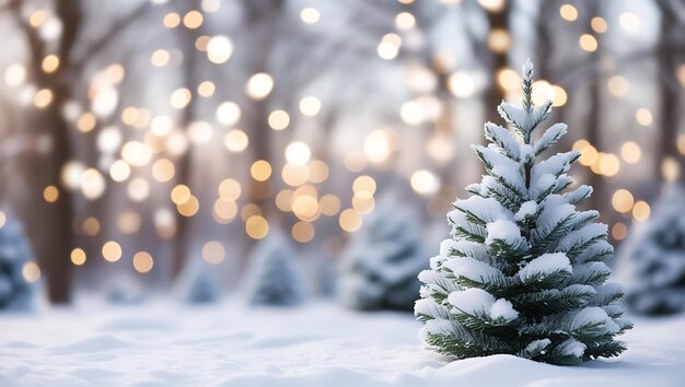 Christmas background with snow covered fir tree and bokeh lights