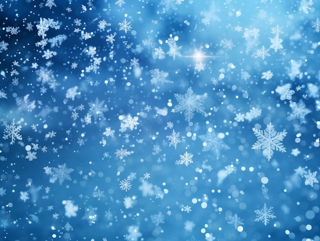 Christmas background with snowflakes and bokeh lights blue tone