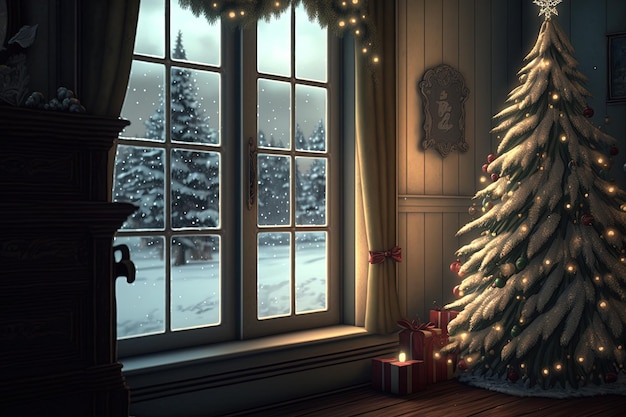 A Christmas background with a snowy atmosphere generated by AI