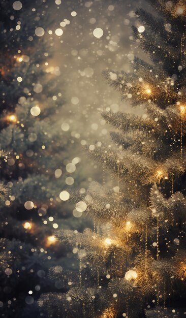 Christmas background with snowy fir tree and golden bokeh lights