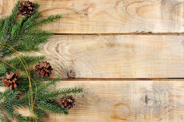 Christmas background with spruce branches and cones