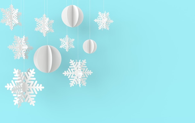 Christmas background with white paper snowflakes and ball Winter decoration Xmas