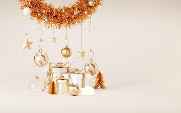 Christmas backgrounds decorate with minimal New year event theme Merry Christmas scene for product display mock up banner Gold glass ball in Xmas winter scene Greeting card new year 3D render