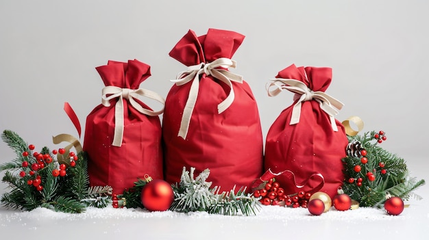 Photo a christmas bag with a red ribbon and a red bauble