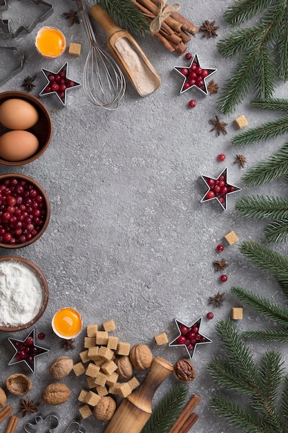 Christmas bakery and gingerbread cookie concept Flour eggs brown sugar and spices