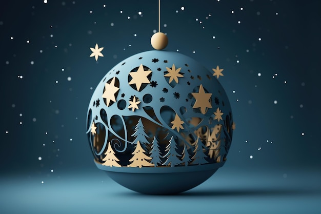 Christmas ball on a blue background 3D illustration Copy space Generative AI