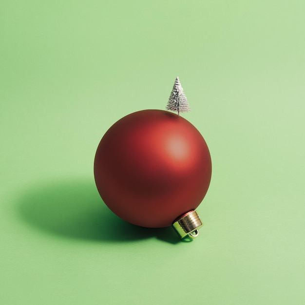 Christmas ball decorated with a Christmas tree against green background