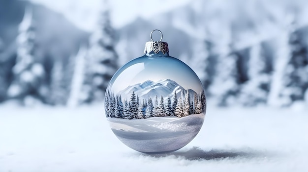 Christmas ball on snow with Christmas tree background