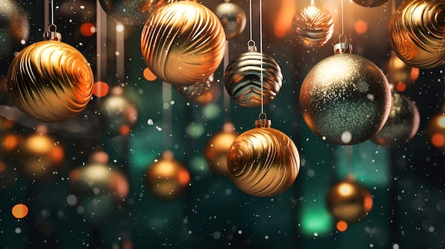 Christmas balls background Christmas decoration on abstract blured dark background Traditional New Year illustration with golden baubles Generative AI