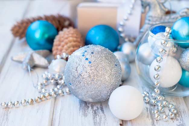 Christmas balls, beads, cones,  Christmas background.