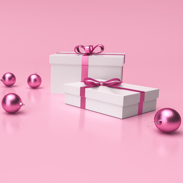 Christmas balls and Gifts on pink studio background. for greeting cards. 3D Rendering