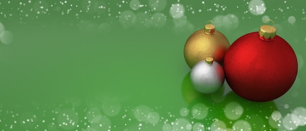 Christmas balls on green greeting card with bokeh frame Copy space