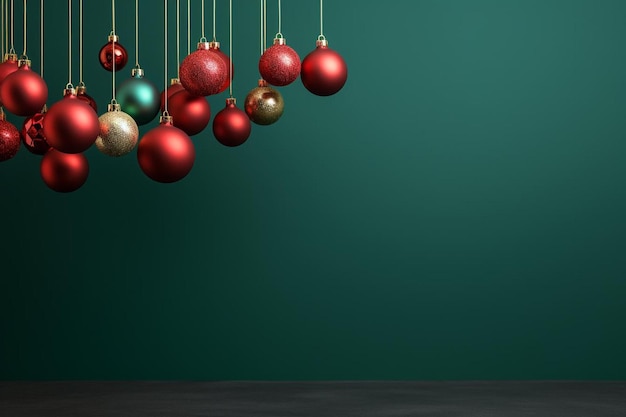 christmas balls hanging from a string with a green background