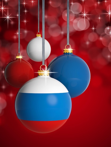 Christmas balls with Russian flag in front of lights background