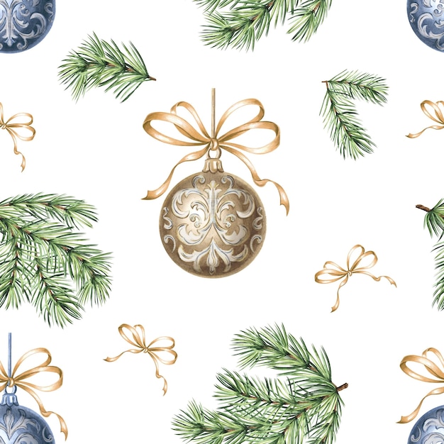 Christmas balls witn bows and pine twig seamless pattern vintage hand drawn watercolor