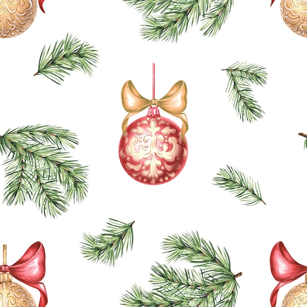 Christmas balls witn bows and pine twig seamless pattern vintage hand drawn watercolor