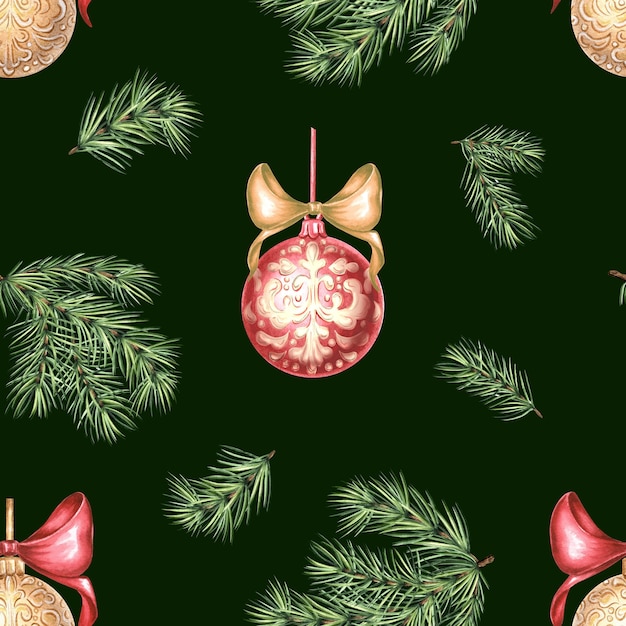 Christmas balls witn bows and pine twig seamless pattern vintage hand drawn watercolor